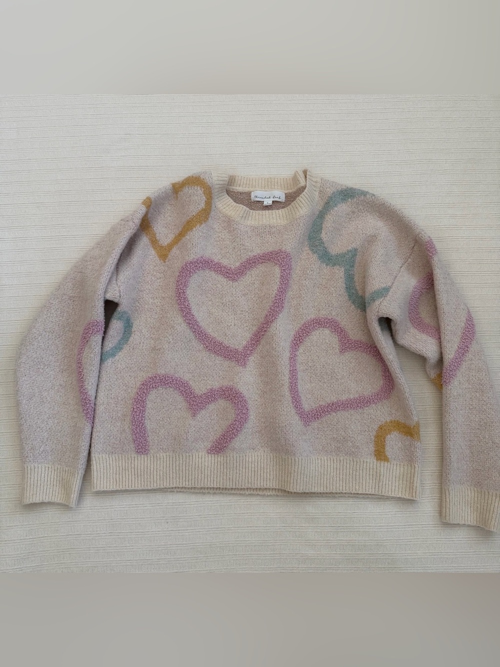Threaded Leaf Pastel Heart Knit Crewneck Boucle Sweater Pink Gold Blue Large